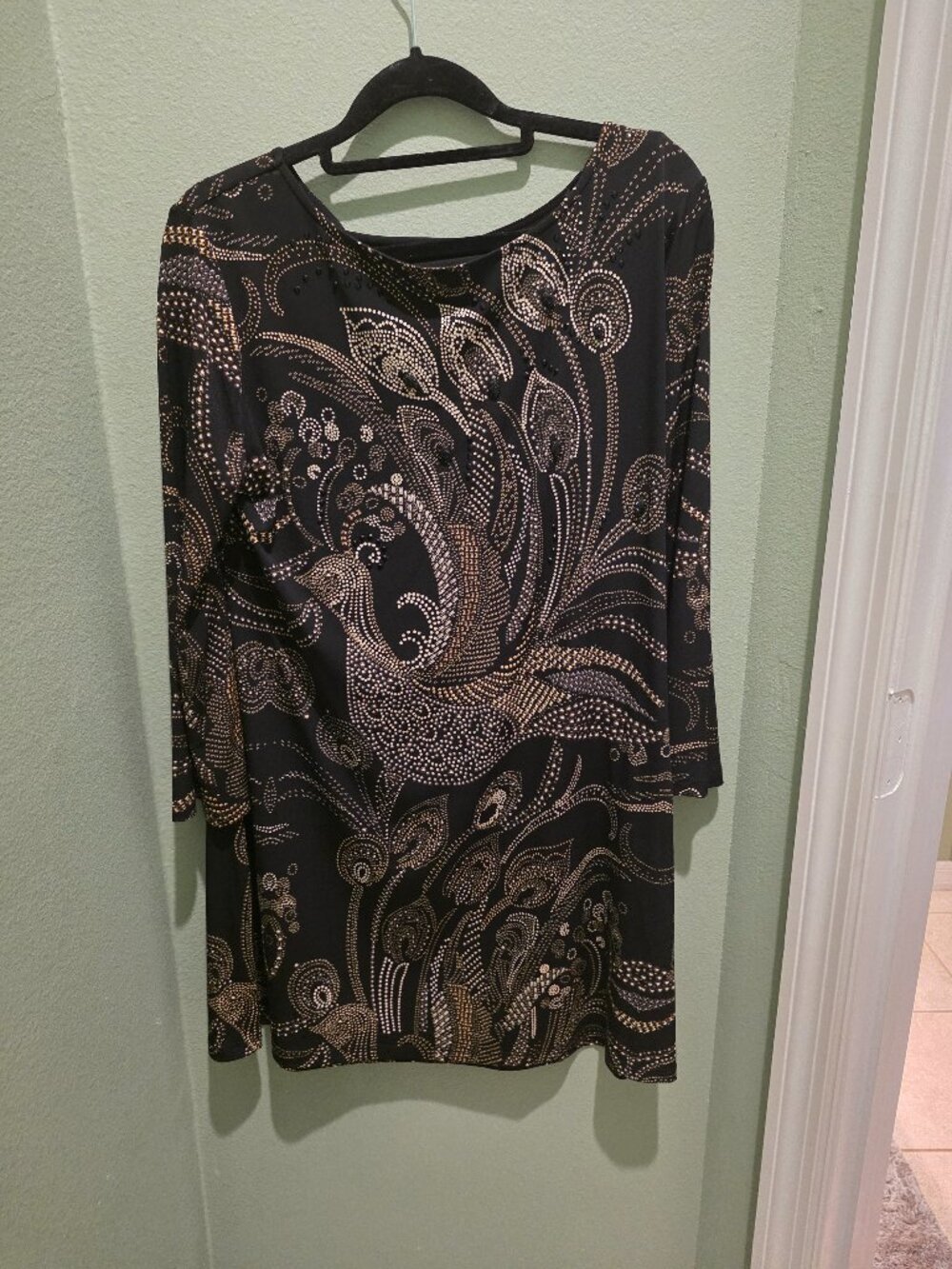 Style & Co Beautiful Black & Gold Accent Beaded Peacock Dress Large
